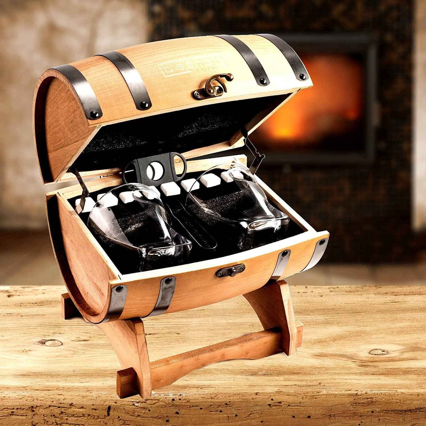 Whiskey Glasses and Accessories In Whiskey Barrel Gift Box