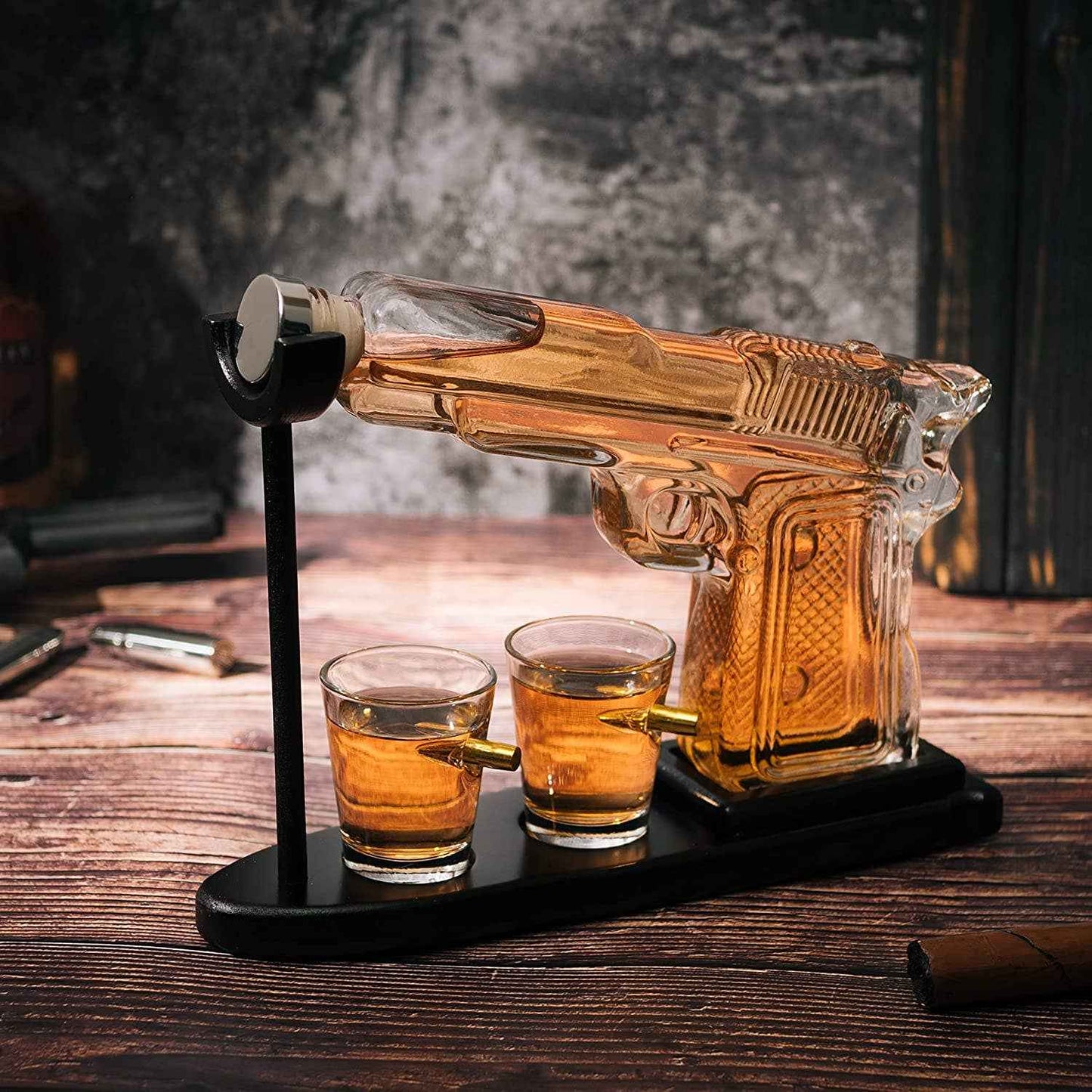Pistol Gun Decanter Set + 2 Bullet shot Glasses & Wood Stand