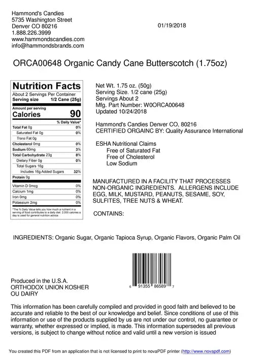 Organic Hand-Spun Jumbo Candy Cane - Butterscotch - 1.75 oz - Salty's Texas Provisions