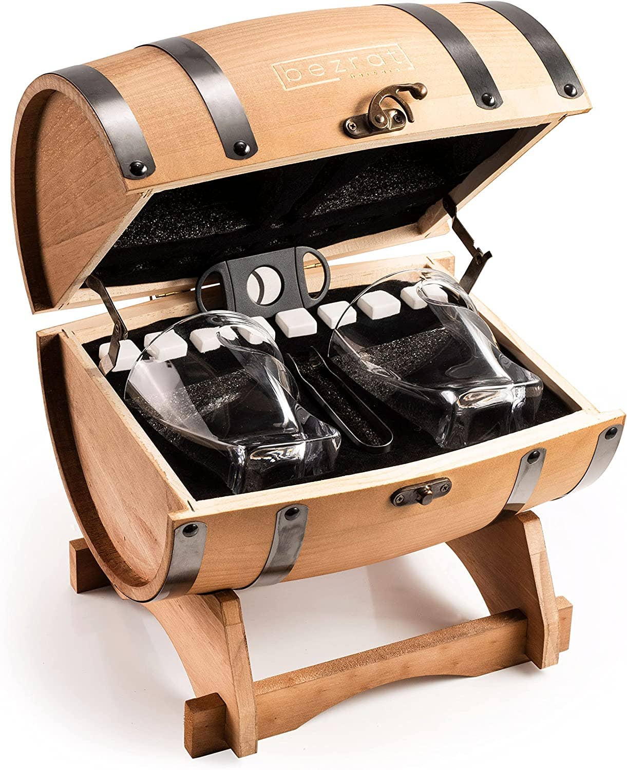 Whiskey Glasses and Accessories In Whiskey Barrel Gift Box