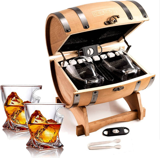 Whiskey Glasses and Accessories In Whiskey Barrel Gift Box
