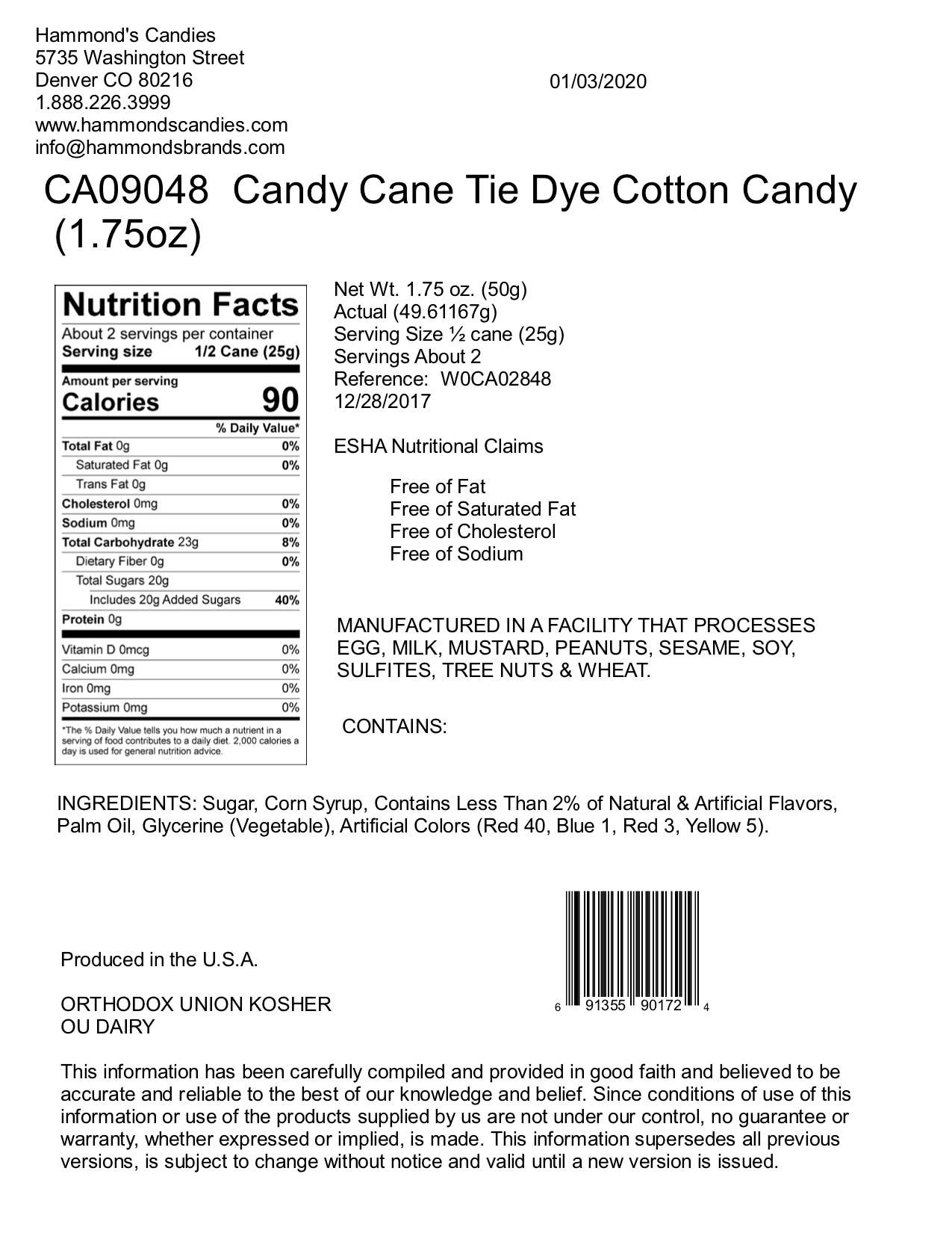 Hand-Spun Jumbo Candy Cane - Tye Dye / Cotton Candy - 1.75oz - Salty's Texas Provisions