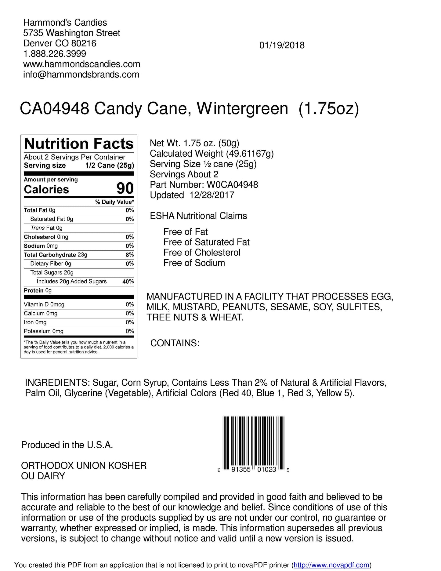 Hand-Spun Jumbo Candy Cane - Spearmint / Wintergreen -1.75oz - Salty's Texas Provisions