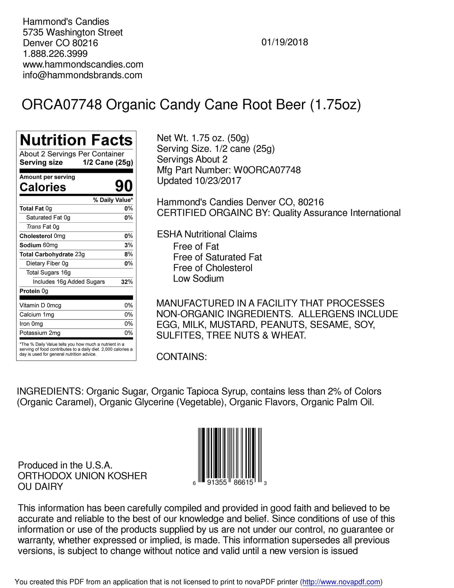 Organic Hand-Spun Jumbo Candy Cane - Root Beer - 1.75 oz - Salty's Texas Provisions