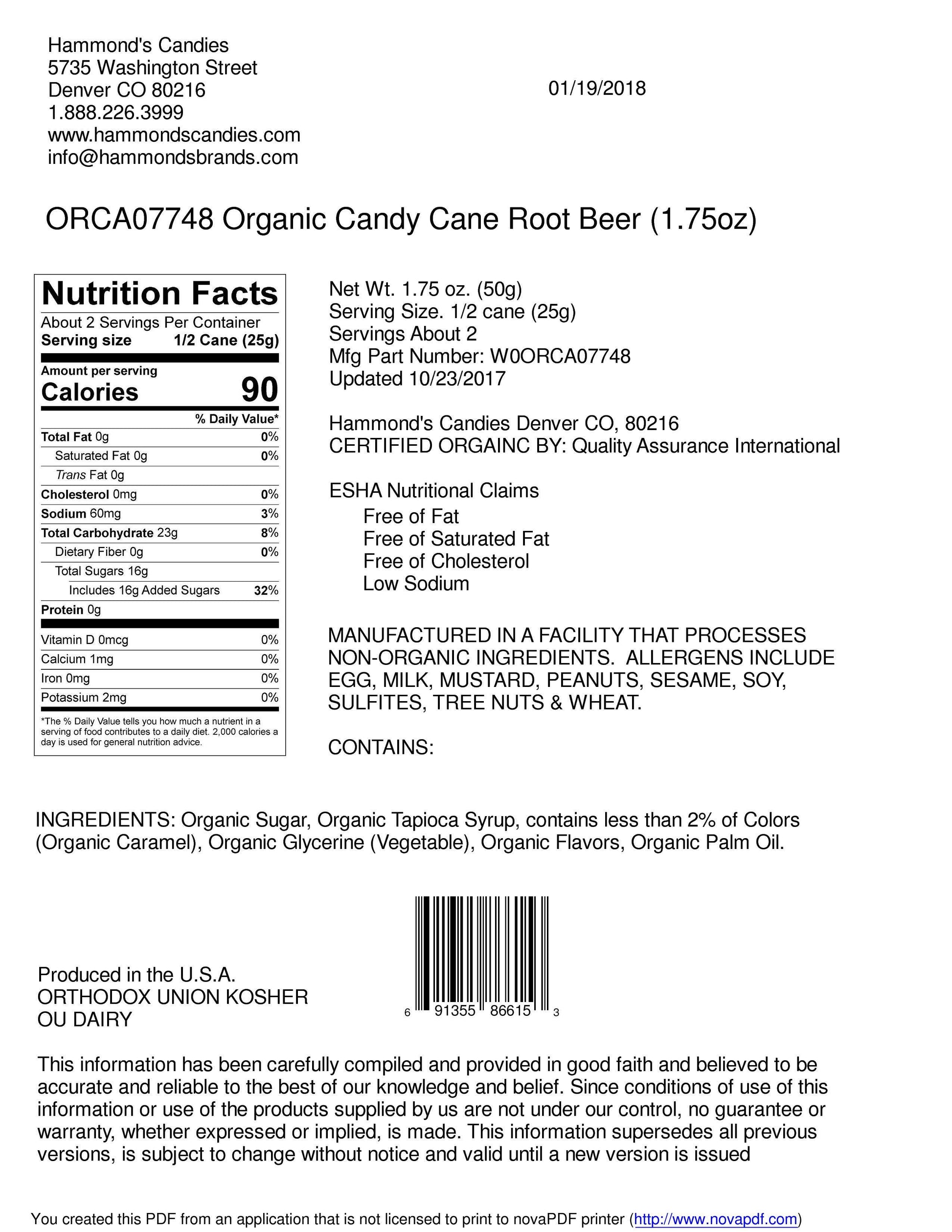 Organic Hand-Spun Jumbo Candy Cane - Root Beer - 1.75 oz - Salty's Texas Provisions