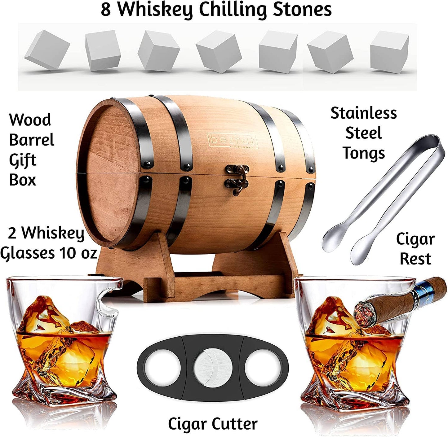 Whiskey Glasses and Accessories In Whiskey Barrel Gift Box