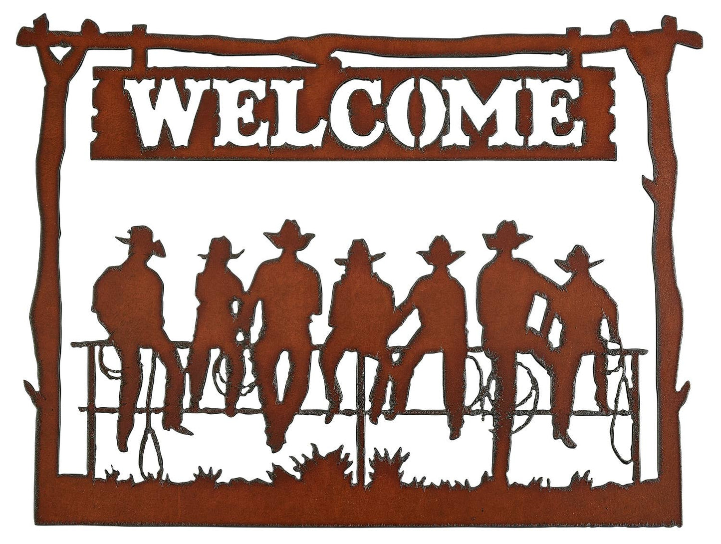 Framed Cowboys On Fence Horizontal Welcome Sign