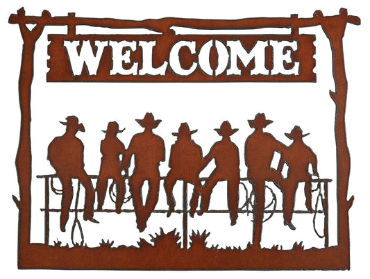 Framed Cowboys On Fence Horizontal Welcome Sign